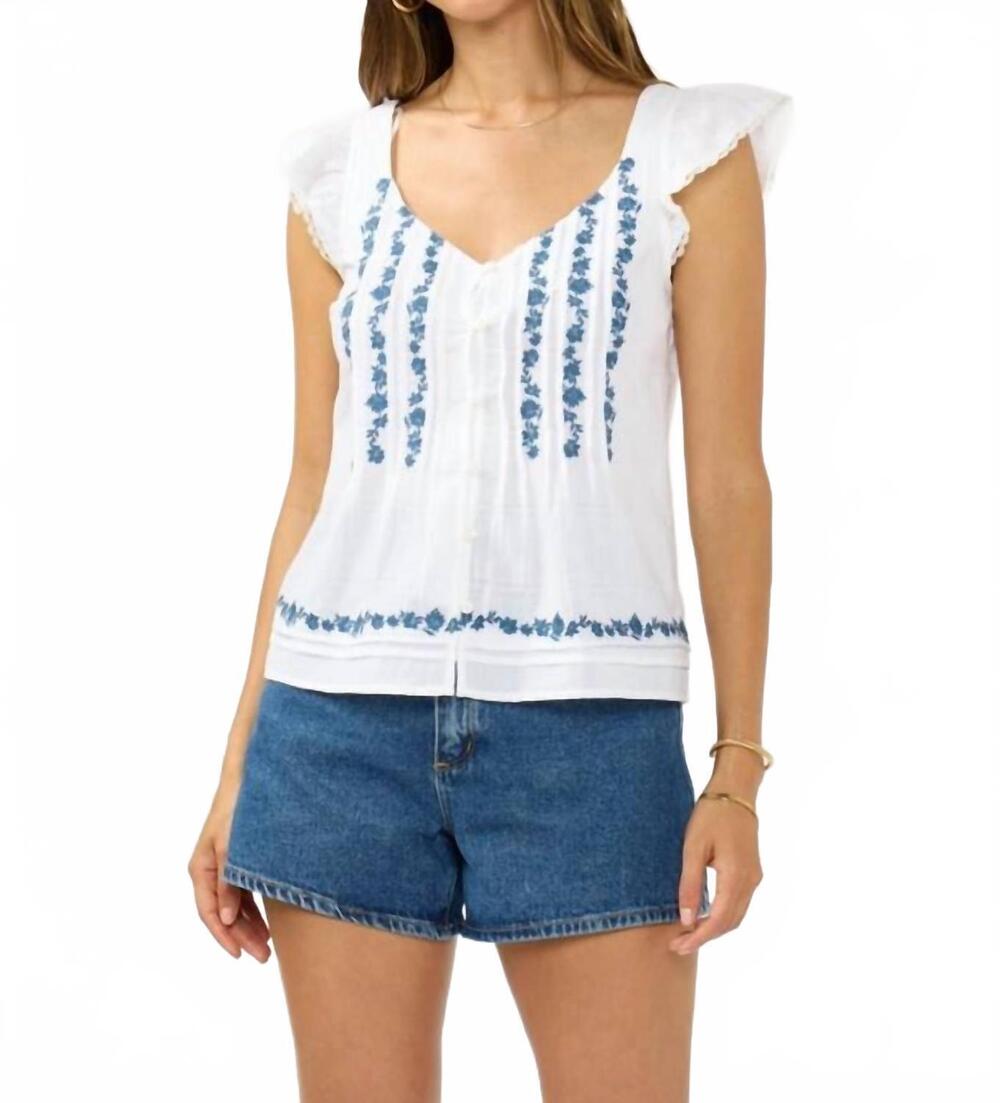 NEW LOVESTITCH ruffle sleeve embroidered pintuck top in white/blue